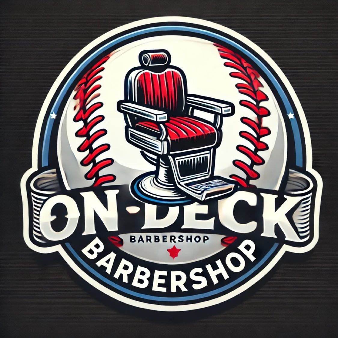 On Deck Barbershop baseball badge logo with a red barber chair and baseball stitching